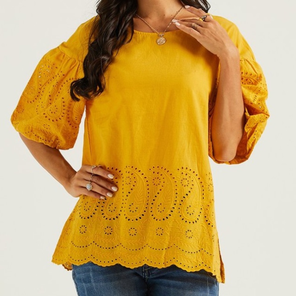 🆕 Yellow Paisley Eyelet Puff Sleeve Top